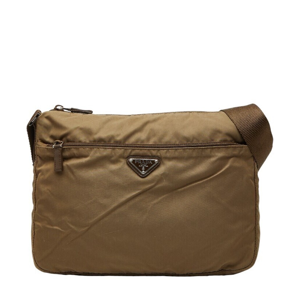 Prada Triangle Plate Crossbody Bag Brown Leather